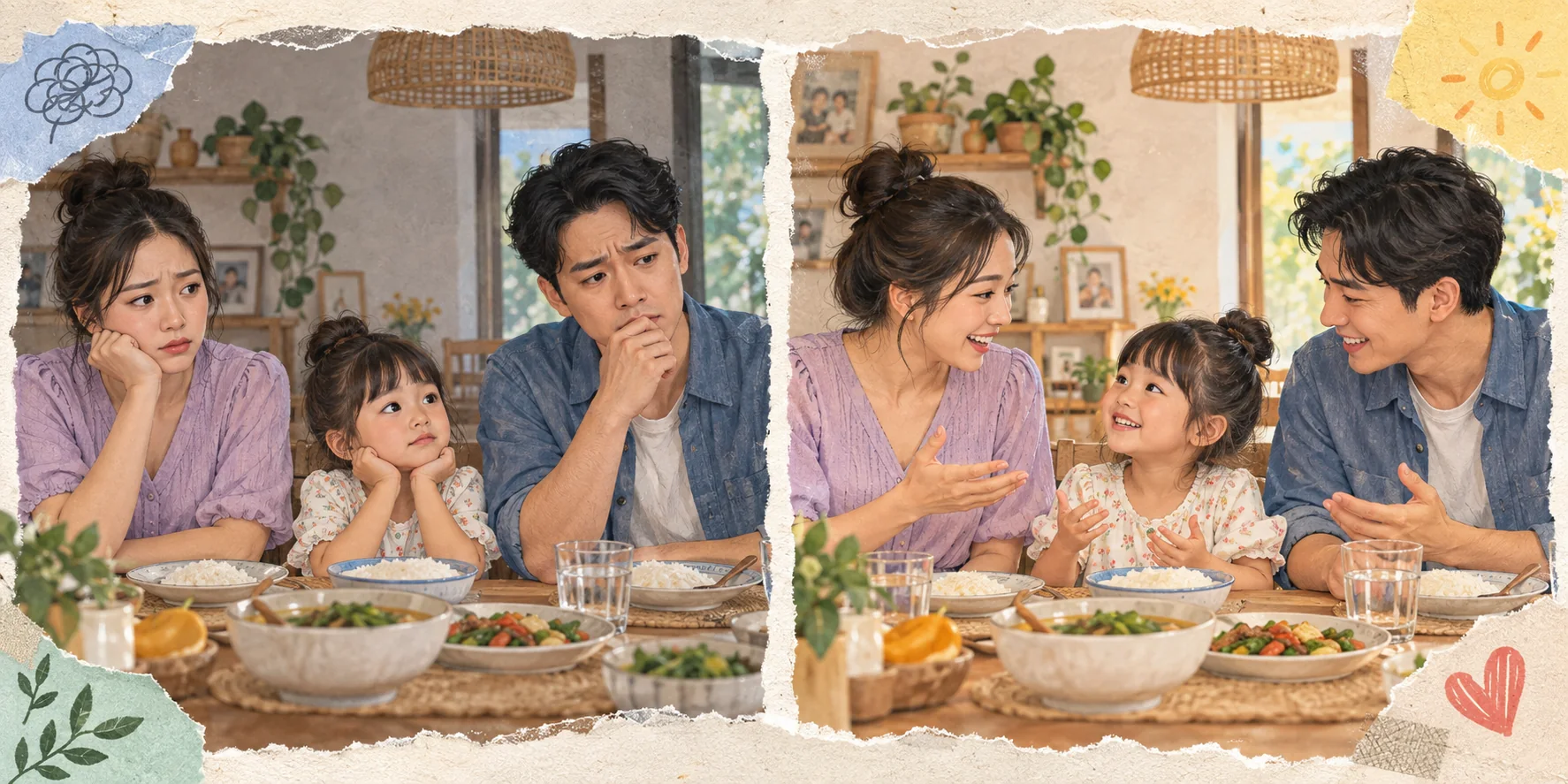 ครอบครัวเดียวกัน ก่อนมี Mindle คุณพ่อคุณแม่ไม่มั่นใจที่จะพูดภาษาอังกฤษกับลูก และหลังมี Mindle ทุกคนคุยกันอย่างมั่นใจบนโต๊ะอาหาร